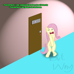 Size: 1080x1080 | Tagged: safe, artist:koribaka, fluttershy, pony, g4, bipedal, but why, desperation, dialogue, door, need to pee, omorashi, potty dance, potty emergency, potty time, solo, text, trotting in place