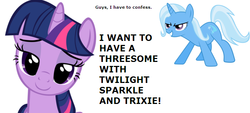 Size: 693x312 | Tagged: safe, trixie, twilight sparkle, pony, unicorn, g4, confession, female, implied group sex, implied sex, implied threesome, mare, text