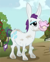 Size: 412x513 | Tagged: source needed, safe, edit, edited screencap, screencap, cletus, rarity, hybrid, mule, pony, g4, bucktooth, dirty, episode reference, female, irony, karma, palette swap, recolor, smiling, solo