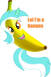 Size: 729x1097 | Tagged: safe, lyra heartstrings, pony, unicorn, g4, banana, banana heartstrings, female, food, i'm a banana, mare, orange text, simple background, text, transformation, transparent background, wat