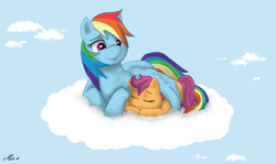 Size: 1280x765 | Tagged: safe, artist:mispeled, rainbow dash, scootaloo, g4, cloud, scootalove, sleeping, wing blanket