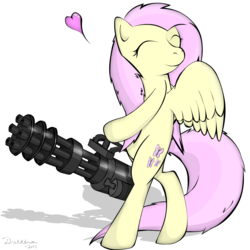 Size: 1000x1000 | Tagged: safe, artist:howlune, fluttershy, pony, g4, bipedal, gun, minigun