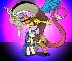 Size: 800x673 | Tagged: safe, artist:owlor, discord, fiddlesticks, draconequus, earth pony, pony, g4, abstract background, apple family member, cowboy hat, duo, eyes closed, female, hat, male, mare, musical instrument, parody, the devil went down to georgia, violin