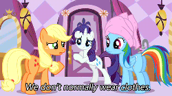 Size: 500x281 | Tagged: safe, edit, edited screencap, screencap, applejack, rainbow dash, rarity, earth pony, pegasus, pony, unicorn, g4, season 1, the best night ever, animated, bipedal, bipedal leaning, female, gif, leaning, mare, subtitles, text, towel, towel on head, we don't normally wear clothes