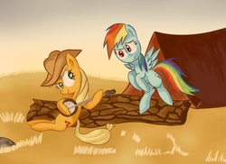 Size: 950x690 | Tagged: safe, artist:asluc96, applejack, rainbow dash, g4, banjo, duo, musical instrument