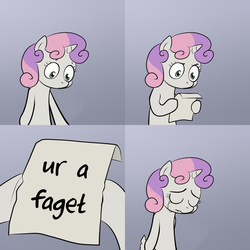 Size: 2000x2000 | Tagged: safe, artist:superedit, sweetie belle, g4, crying, exploitable meme, homophobia, meme, paper, sad, sweetie's note meme, ur a faget