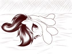 Size: 640x480 | Tagged: safe, artist:rainbow, scootaloo, pegasus, pony, g4, female, filly, foal, folded wings, lineart, lying down, monochrome, on side, solo, wings