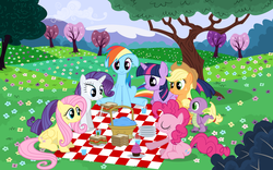 Size: 3840x2400 | Tagged: safe, artist:philiptomkins, applejack, fluttershy, pinkie pie, rainbow dash, rarity, spike, twilight sparkle, earth pony, pegasus, pony, unicorn, g4, mane seven, mane six, picnic