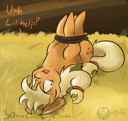 Size: 1000x948 | Tagged: safe, artist:aeritus, applejack, g4, 30 minute art challenge, bondage, bound, hogtied, rope