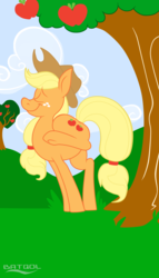 Size: 4000x7000 | Tagged: safe, artist:batqol, applejack, g4, apple, applebucking, tree