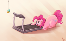 Size: 2000x1260 | Tagged: safe, artist:c-adepsy, pinkie pie, earth pony, pony, g4, carrot on a stick, cupcake, exhausted, eyes on the prize, failed workout, fat, female, mare, pudgy pie, solo, sweat, treadmill