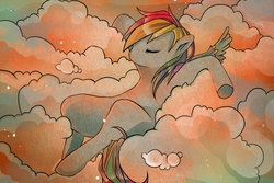 Size: 1024x682 | Tagged: safe, artist:pijay, rainbow dash, pony, g4, cloud, cloud bed, cloudy, female, sleeping, solo