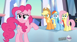 Size: 500x276 | Tagged: safe, screencap, applejack, fluttershy, pinkie pie, rainbow dash, g4, out of context