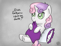 Size: 1024x768 | Tagged: safe, artist:trueshadowsfear, sweetie belle, pony, g4, cute, diasweetes, dumb fabric, fabric, female, fluffy, heart, nom, pillow, sitting, smiling, solo, underhoof