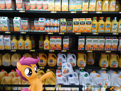 Size: 900x675 | Tagged: safe, artist:ojhat, scootaloo, g4, irl, orange juice, photo, ponies in real life, supermarket