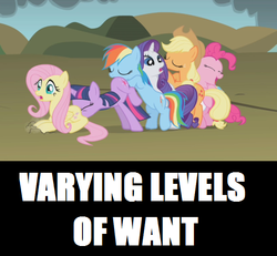 Size: 500x461 | Tagged: safe, edit, edited screencap, screencap, applejack, fluttershy, pinkie pie, rainbow dash, rarity, twilight sparkle, earth pony, pegasus, pony, unicorn, dragonshy, g4, butt touch, caption, faceful of ass, female, hoof on butt, image macro, mane six, mare, out of context, pushing, rump push