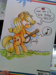 Size: 1024x1371 | Tagged: safe, artist:katie cook, applejack, g4, banjo, dialogue, lampshade hanging, musical instrument, photo, speech bubble, traditional art, unopposable hooves