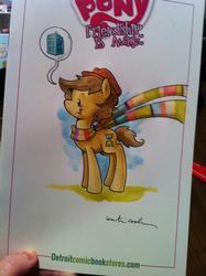 Size: 764x1024 | Tagged: safe, artist:katie cook, doctor whooves, time turner, g4, clothes, cute, doctor who, fourth doctor, scarf, tardis, traditional art