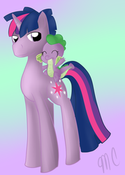 Size: 1637x2289 | Tagged: safe, artist:lupie1324, spike, twilight sparkle, dragon, pony, g4, barb, dragons riding ponies, dusk shine, riding, rule 63, spike riding twilight