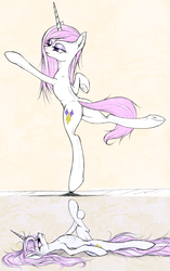 Size: 1243x1978 | Tagged: safe, artist:madhotaru, fleur-de-lis, pony, g4, butt, chest fluff, female, flexible, on back, plot, skinny, solo, stretching, thin