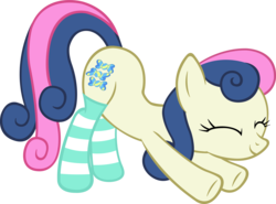 Size: 5000x3703 | Tagged: safe, artist:artpwny, bon bon, sweetie drops, earth pony, pony, g4, bon bon is amused, clothes, cutie mark, eyes closed, face down ass up, female, hooves, iwtcird, mare, meme, simple background, smiling, socks, solo, stretching, striped socks, transparent background