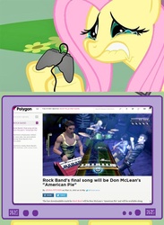 Size: 563x771 | Tagged: safe, fluttershy, g4, american pie, don mclean, drums, exploitable meme, fluttercry, keyboard, musical instrument, rhythm game, rock band, rock band (game), sad fluttershy, tv meme, video game