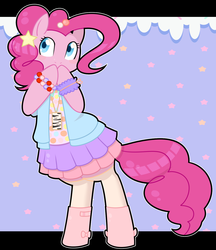 Size: 1201x1392 | Tagged: safe, artist:redintravenous, pinkie pie, earth pony, pony, g4, accessory, bipedal, boots, bracelet, clothes, cute, diapinkes, fashion, female, hoof boots, mare, skirt, solo, stars, stockings, zettai ryouiki