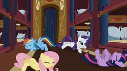 Size: 1366x768 | Tagged: safe, screencap, fluttershy, rainbow dash, rarity, twilight sparkle, g4, over a barrel, out of context, train