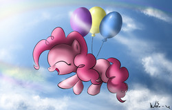 Size: 2000x1282 | Tagged: safe, artist:neko-me, pinkie pie, pony, g4, 2013, balloon, female, flying, solo, then watch her balloons lift her up to the sky