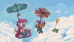 Size: 3200x1800 | Tagged: safe, artist:docwario, gummy, pinkie pie, scootaloo, pony, seagull, g4, balloon, cloud, cloudy, flying, pedalcopter, pinkiecopter