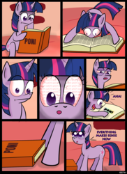 Size: 1700x2338 | Tagged: safe, artist:senx, twilight sparkle, pony, unicorn, g4, :o, :t, book, comic, dilated pupils, enlightened, female, golden oaks library, open mouth, poni, reading, shrunken pupils, smiling, solo, wide eyes