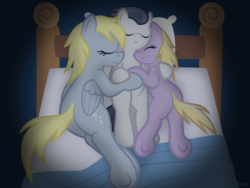 Size: 1440x1080 | Tagged: safe, artist:jepso, derpy hooves, dinky hooves, rumble, pegasus, pony, g4, bed, butt, cuddling, equestria's best mother, female, mare, plot, rumbledink, sleeping, trio