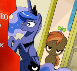 Size: 600x560 | Tagged: safe, artist:jan, artist:johnjoseco, button mash, princess luna, alicorn, earth pony, pony, g4, bedroom eyes, duo, exploitable meme, high score, lunamash, meme, neo geo celestia, shipping