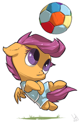 Size: 836x1300 | Tagged: safe, artist:atryl, scootaloo, pegasus, pony, g4, :o, ball, chibi, clothes, cute, cutealoo, ear fluff, female, filly, floppy ears, foal, football, leg fluff, looking at something, looking up, open mouth, simple background, solo, sports, spread wings, white background, wings