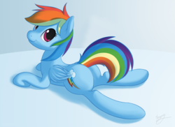 Size: 2500x1816 | Tagged: safe, artist:skipsy, edit, rainbow dash, pegasus, pony, g4, butt, cute, dashabetes, female, looking at you, mare, plot, prone, signature, smiling, solo