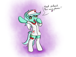 Size: 1024x768 | Tagged: safe, artist:pon-ea, lyra heartstrings, pony, unicorn, g4, bipedal, bow, cap, clothes, female, hat, nurse, socks, solo