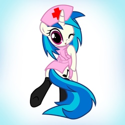 Size: 2000x2000 | Tagged: safe, artist:pyruvate, dj pon-3, vinyl scratch, pony, g4, bipedal, clothes, female, nurse, socks, solo