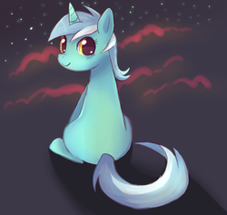 Size: 1024x972 | Tagged: safe, artist:cherivinca, lyra heartstrings, pony, unicorn, g4, cloud, female, looking back, night, rear view, smiling, solo, stars