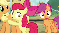 Size: 1280x720 | Tagged: safe, screencap, apple bloom, applejack, scootaloo, earth pony, pegasus, pony, g4, just for sidekicks, female, filly, looking at you, looking back, mare, reaction image, wide eyes