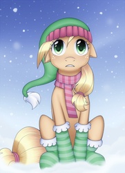 Size: 508x700 | Tagged: safe, artist:cruxisma, applejack, earth pony, pony, g4, clothes, female, hat, scarf, sitting, snow, snowfall, socks, solo, striped socks