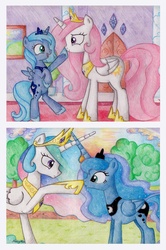 Size: 1737x2612 | Tagged: safe, artist:nancyksu, princess celestia, princess luna, pony, g4, boop, cross-eyed, cute, cutelestia, eye contact, frown, looking at each other, lunabetes, open mouth, pink-mane celestia, smiling, traditional art, woona, younger