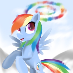 Size: 2048x2048 | Tagged: source needed, useless source url, safe, artist:solar-speed, rainbow dash, pegasus, pony, g4, cloud, female, flying, mare, open mouth, sky, smiling, solo, sonic rainboom