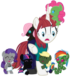 Size: 3760x4120 | Tagged: safe, artist:beavernator, applejack, fluttershy, pinkie pie, rainbow dash, rarity, twilight sparkle, oc, oc:fausticorn, alicorn, enderman, pony, spider, zombie, g4, babity, baby, baby dash, baby pie, baby pony, babyjack, babylight sparkle, babyshy, creeper, diaper, filly, foal, lauren faust, minecraft, palette swap, ponified, simple background, slime (minecraft), spooky scary skeleton, steve, steve?, transparent background, younger