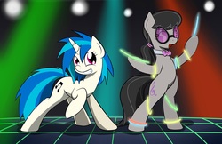 Size: 1275x825 | Tagged: safe, artist:firebrandkun, dj pon-3, octavia melody, vinyl scratch, earth pony, pony, unicorn, g4, accessory swap, duo, duo female, eyes closed, female, horn, low ponytail, mare, open mouth, ponytail, raised hoof, rave