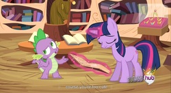 Size: 1597x867 | Tagged: safe, screencap, spike, twilight sparkle, g4, youtube caption, youtube link