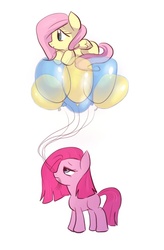 Size: 500x760 | Tagged: safe, artist:keterok, fluttershy, pinkie pie, earth pony, pegasus, pony, g4, balloon, blank flank, duo, filly, pinkamena diane pie, simple background, white background, younger