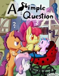 Size: 2100x2700 | Tagged: safe, artist:osakaoji, apple bloom, scootaloo, sweetie belle, oc, pony, stork, fanfic:a simple question, g4, baby, baby carriage, baby pony, cover art, cutie mark crusaders, fanfic art, female, filly, foal