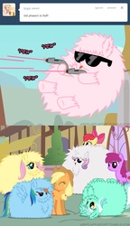 Size: 650x1125 | Tagged: safe, artist:mixermike622, apple bloom, applejack, berry punch, berryshine, fluttershy, lyra heartstrings, rainbow dash, sweetie belle, oc, oc:fluffle puff, tumblr:ask fluffle puff, g4, ask, comic, fluffy, the matrix, tumblr
