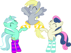 Size: 5000x3704 | Tagged: safe, artist:artpwny, bon bon, derpy hooves, lyra heartstrings, sweetie drops, earth pony, pony, unicorn, g4, absurd resolution, adorabon, bipedal, clothes, cute, derpabetes, eyes closed, grin, happy, lyrabetes, simple background, smiling, socks, striped socks, transparent background, trio, vector