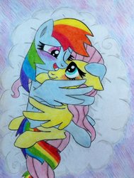 Size: 900x1191 | Tagged: safe, artist:xquiizitgam3r, fluttershy, rainbow dash, g4, blushing, cuddling, female, intertwined tails, lesbian, ship:flutterdash, shipping